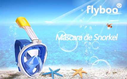 Mascar Flyboo de color azul y tubo amarillo de decathlon sumergida en el mar