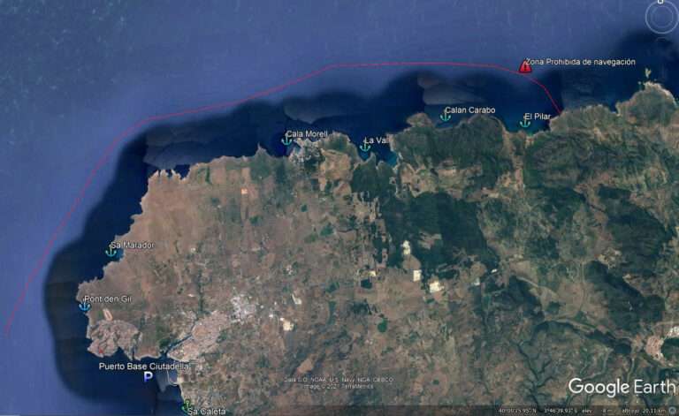 Carte de Minorque de la zone nord où la navigation est limitée à Cala Pilar