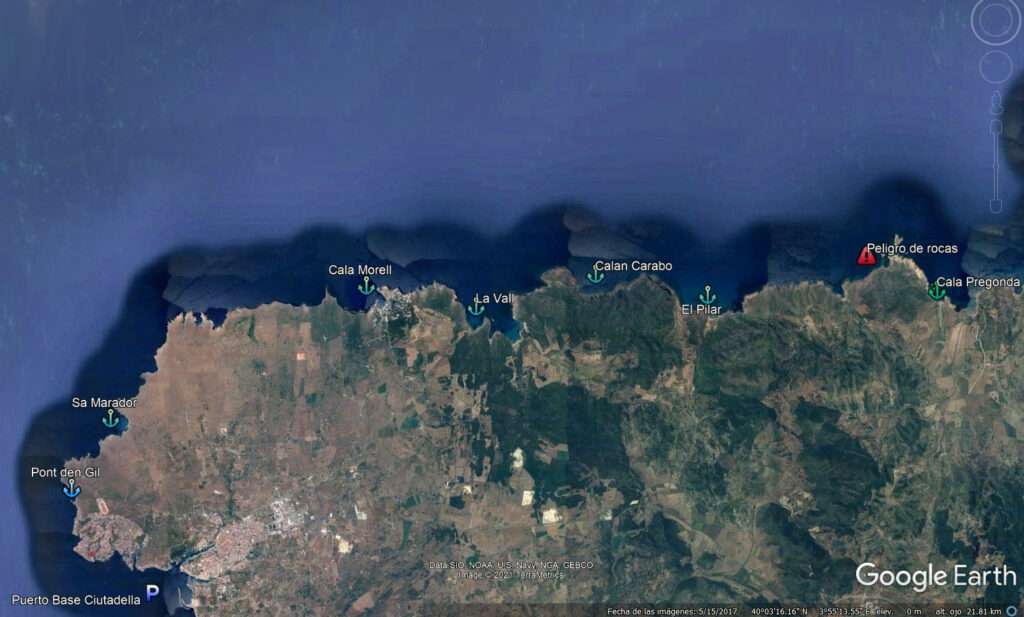 Carte des plages du nord de Minorque. (Cala Morell, La Vall, Cala Pilar, Cala Pregonda)